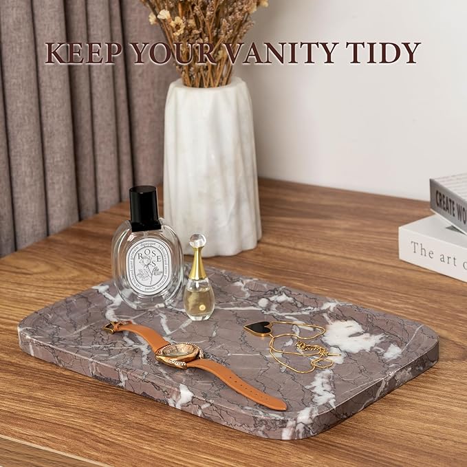 Koville Marble Tray, 12"x8" Marble Vanity Tray for Countertop Bathroom Kitchen Dresser, Decorative Catchall Trays for Perfume Jewelry, Rectangular Stone Serving Tray(Purple)