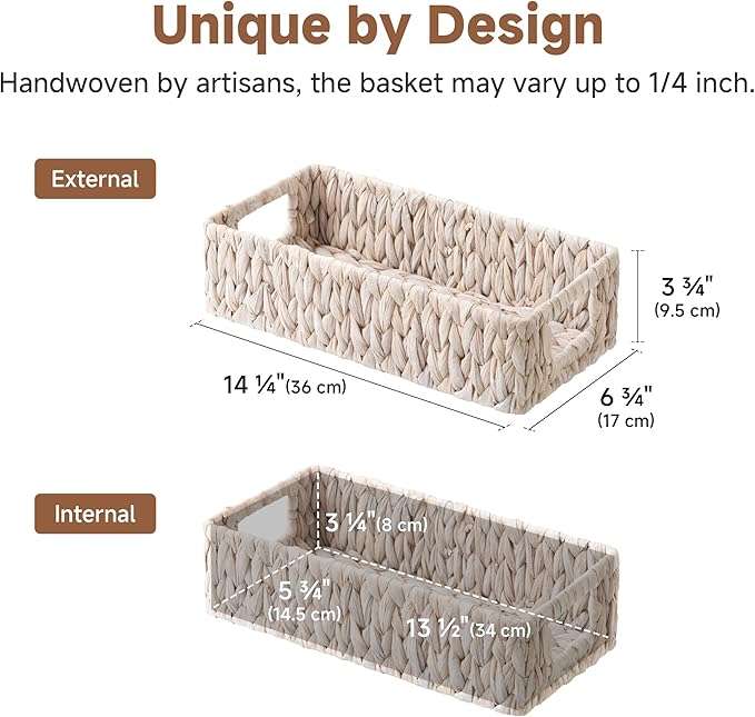 StorageWorks Wicker Toilet Paper Basket for Back of Toilet Baskets, Water Hyacinth Bathroom Basket Organizer and Storage for Tank Topper, Small Tank Trays for Decor with Built-in Handles, White
