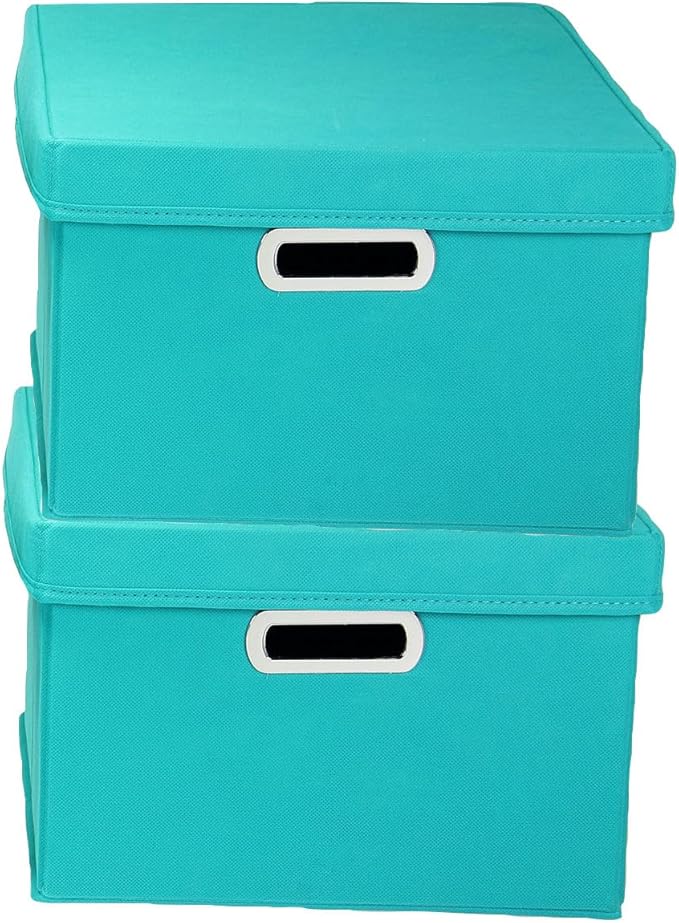 Household Essentials Fabric Storage Boxes with Lids and Handles, Aqua