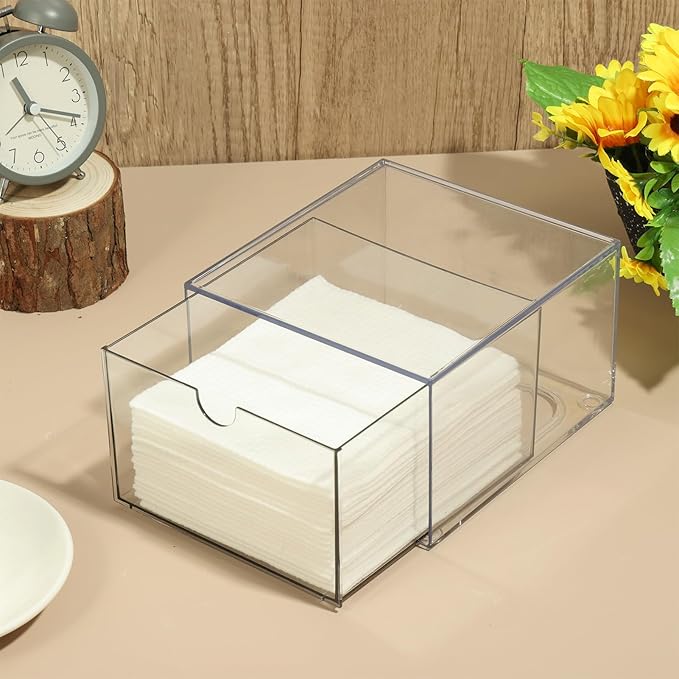 Rainmae Disposable Face Towel Holder, Face Towel Storage Box Bin, Stackable Clear Makeup Organizer with Drawer for Clean Skin Club Face XL Towels Holder for Vanity Bathroom and Makeup Organization