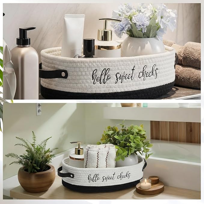 Hello Sweet Cheeks Bathroom Decoration Black and White Cotton Rope Toilet Basket Toilet Paper Holder Basket Rustic Bathroom Organizer Farmhouse Home Decoration Organizing Small Baskets