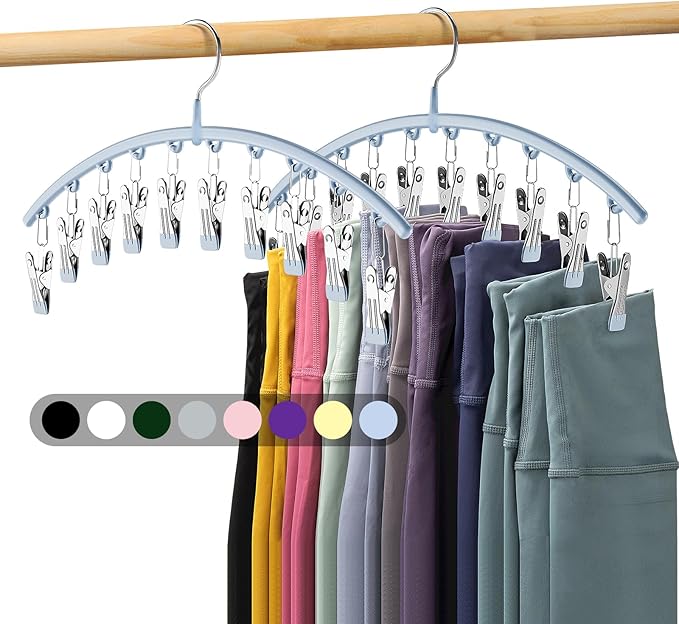 Volnamal Legging Organizer for Closet, Metal Yoga Pants Hanger w/Rubber Coated 2 Pack w/10 Clips Hold 20 Leggings, Hangers Space Saving Hanging Closet Organizer for Closet Organizers and Storage, Blue