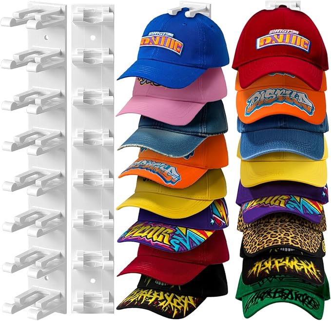 Hat Organizer for Baseball Caps Wall, 2 Pack Hat Holder for Closet Door Hold up to 16 Hats,Hat Hook with Adhesive and 8 Screws, Hat Hanger Cap Holder Hat Hangers for Wall Closet Door Bedroom(A-White)