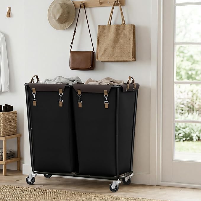 StorageWorks 330L Extra Large Laundry Hamper with Wheels, Laundry Basket with Wheels 2 Sections, Clothes Sorter Cart with Divider for Hotel, Home, Black, 1-Pack