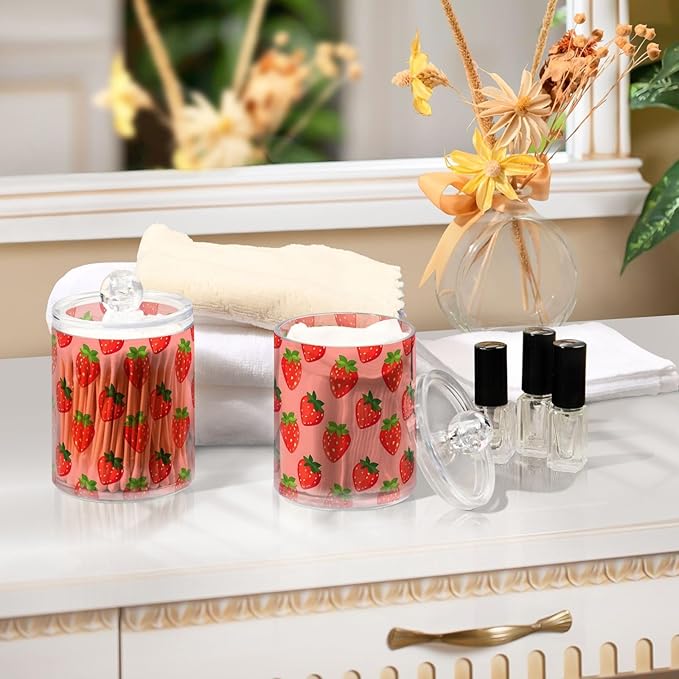 ALAZA 2pcs Cute Fruit Strawberry Qtip Holder Dispenser 14 oz Bathroom Storage Clear Apothecary Jars Containers Cotton Ball,Cotton Rounds,Floss Picks, Hair Clips, Food