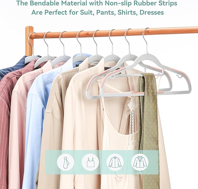 Tonswachic Pack of 30 Coat Hangers, Space-Saving Plastic Clothes Hangers, Non-Slip, 0.2 Inches Slim, 360° Swivel Silver Hook for Shirts, Pants, Suit & Wet/Dry Garments, Pink and Dark Gray