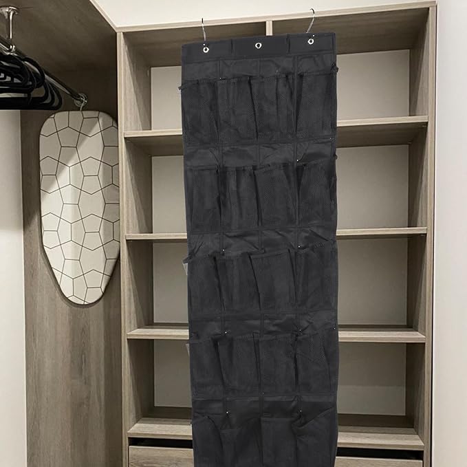 Alipis 24-pocket Over-the-door Hanging Shoe Organizer Bag, Black Mesh Storage Pouch for Home Closet, Breathable Sturdy Hanging Storage for Shoes and Slippers, 48x168cm