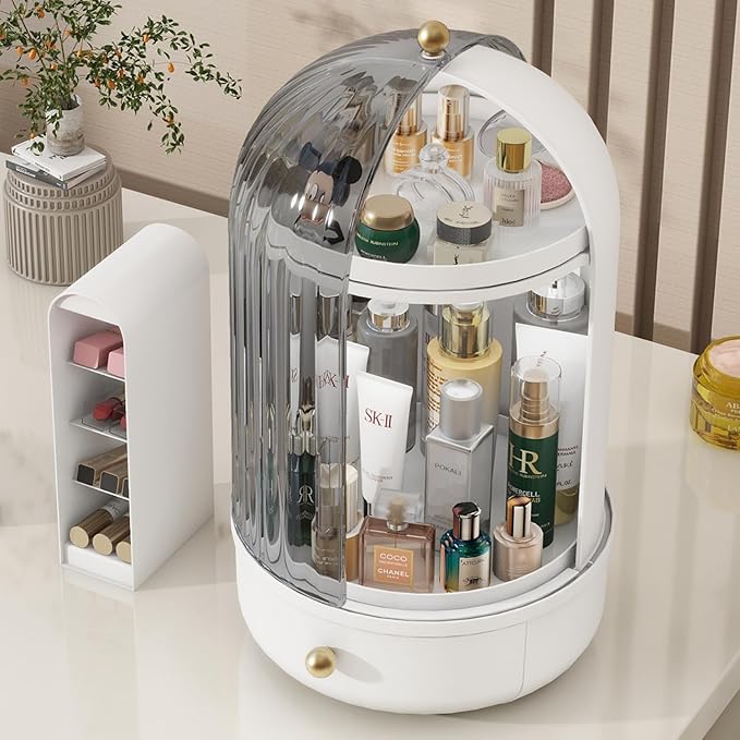 Skincare Organizers with Lids, 360 Rotating Makeup Storage Organizer with Lipstick Holder,Cosmetics Skincare Organizers with Lid and Drawer Cosmetic Display Cases for Countertop (Black)