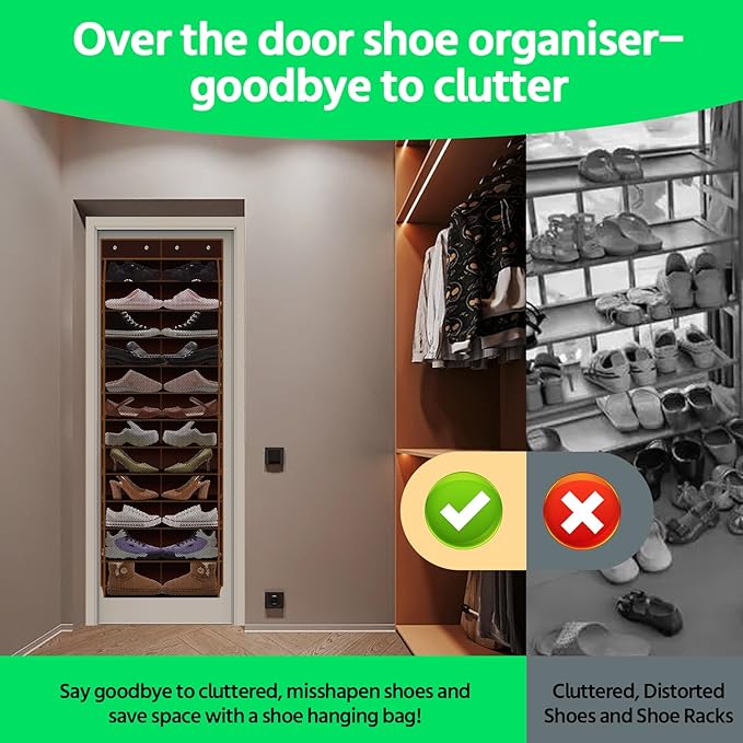 PAULONE 12 Pocket Over the Door Shoe Organizer,Reusable Breathable Large Mesh Bag Men's & Women's Sneaker Organizer,Shoe Organizer for Kids,Hanging Shoe Storage Hanging Bag (Coffee brown)