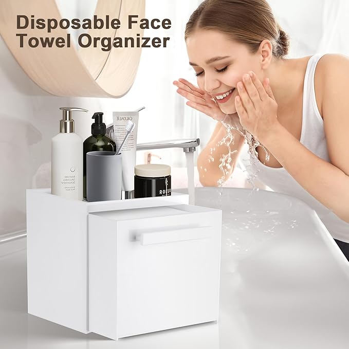 Disposable Face Towel Storage Box Compatible with Clean Skin Club Clean Towel XL Acrylic Facial Towels Holder with Drawer Wall-Mounted Makeup Organizer for Vanity, Bathroom (Glossy White)