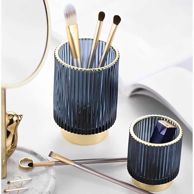 Makeup Brush Holder Organizer, Heavy Crystal Glass Brush Storage Holder, Vintage Cosmetic Make Up Bathroom Brushes Cup Pen Pencil Toothbrush Holder Striped Vase (S+L (blue))