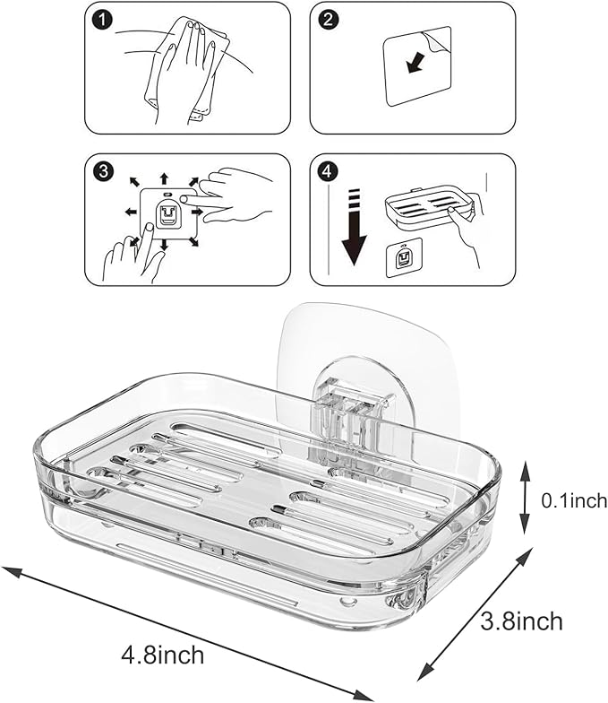 Soap Dish for Shower Wall Mounted, Soap Bar Holder Self Draining, Strong Adhesive Mount Soap Saver Sponge Holder for Bathroom Bathtub Kitchen Sink, Clear