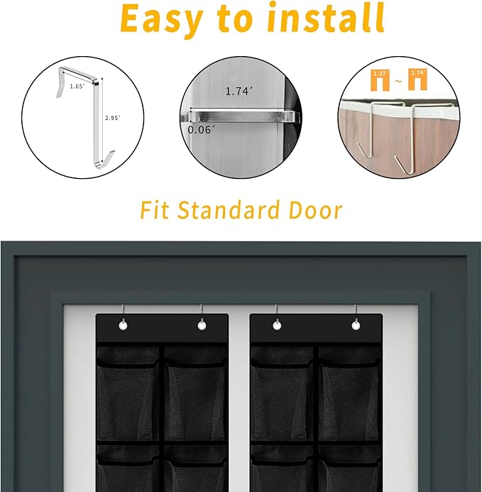 MSLOVE Narrow Over The Door Shoe Organizer, 12 Large Mesh Pockets Hanging Shoe Organizer for Closet Organizers and Storage, Black, 2 Pack