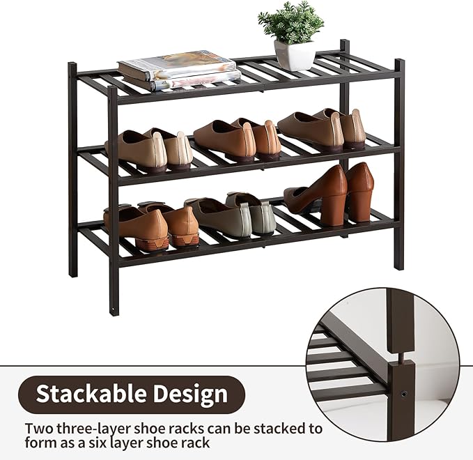 Shoe Rack, 3-Tier Bamboo Stackable Shoe Shelf Storage Organizer, Shoe Stand for Closet, Entryway and Hallway