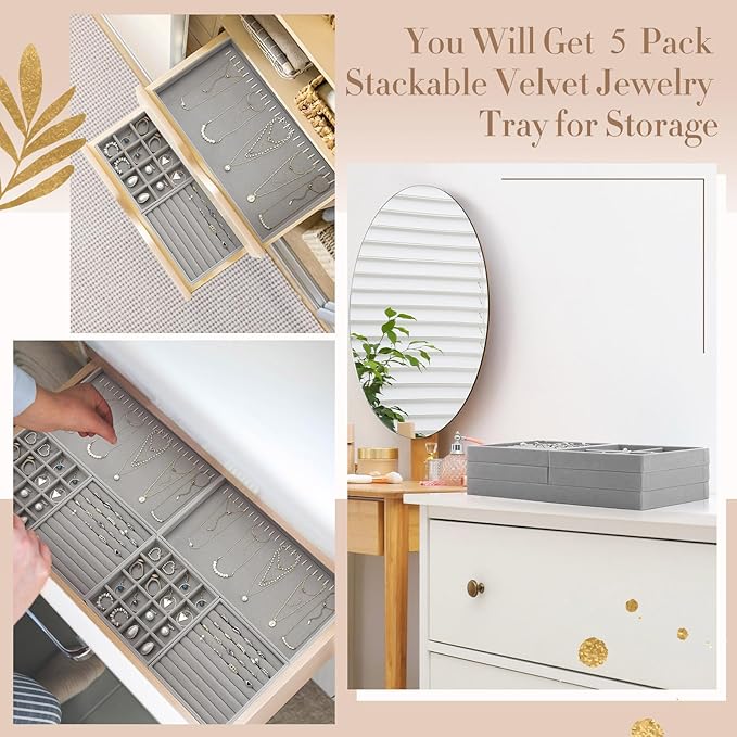 Cinnvoice Set of 5 Stackable Jewelry Organizer Trays for Drawer 14 Inch Velvet Jewelry Drawer Insert Display Storage with Removable Divider for Necklace Earring Ring Watch Bracelet (Gray)