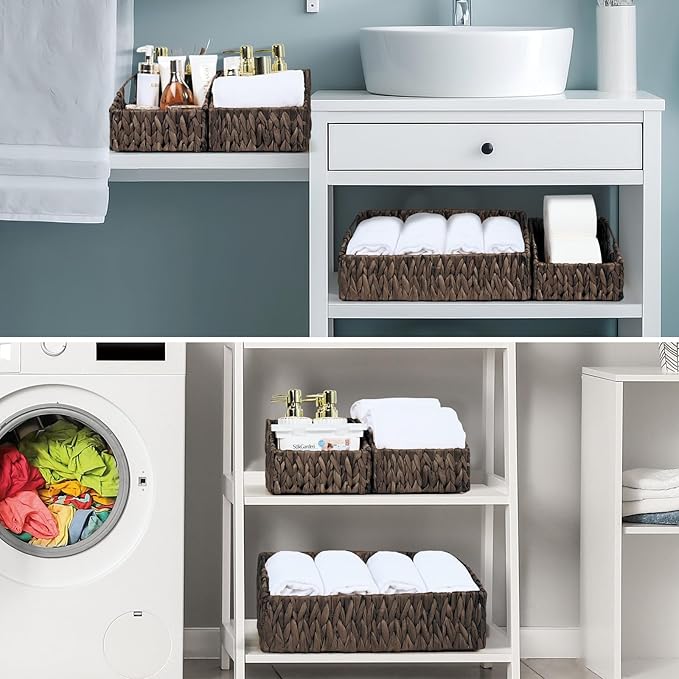 Rattan Storage Baskets, Handwoven Wicker Storage Bins with Built-in Handles, Storage Container Baskets for Shelves, Bedroom, Bathroom, Laundry Room or Kitchen(Black)
