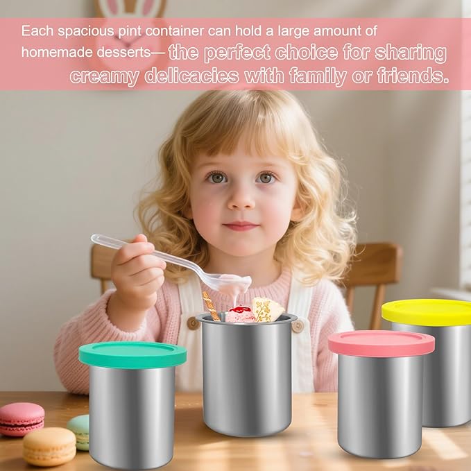 Stainless Steel Pint Containers & Lids Compatible with Ninja Creami ice Cream Maker NC500, NC501, CN501CO Delux Seriesā 2 Pack, 24 oz, Silicone Lids, BPA-Free, Dishwasher Safe