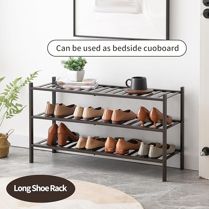 Long Shoe Rack, 3-Tier Bamboo Stackable Shoe Shelf Storage Organizer, Shoe Stand for Closet, Entryway and Hallway