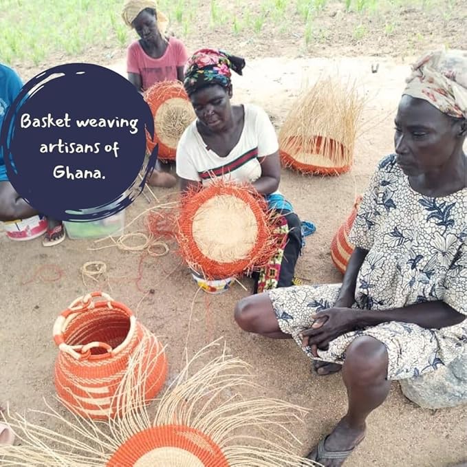 Orange Bolga African Basket for Boho Decor, 16 Inch Wide