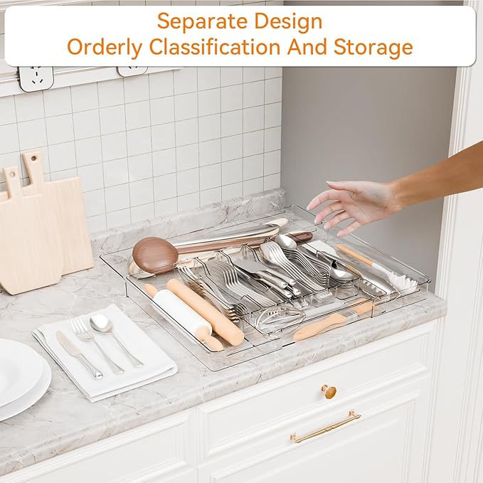 Yieach Clear Large Expandable Silverware Organizer and Kitchen Utensil Drawer Organizer,Plastic Adjustable Silverware Tray for Drawer Cutlery,Spatula,Tools,Flatware Organizers,Fork and Spoon Holder