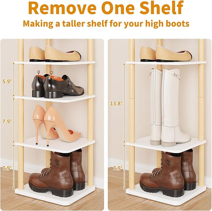 LUCKNOCK Vertical Shoe Rack, 8-Tier Tall Narrow Shoe Organizer for Entryway, Closet, Dorm & Small Spaces, Freestanding Wooden Shoe Shelf Tower for Boots, Sneakers, Heels. (White)