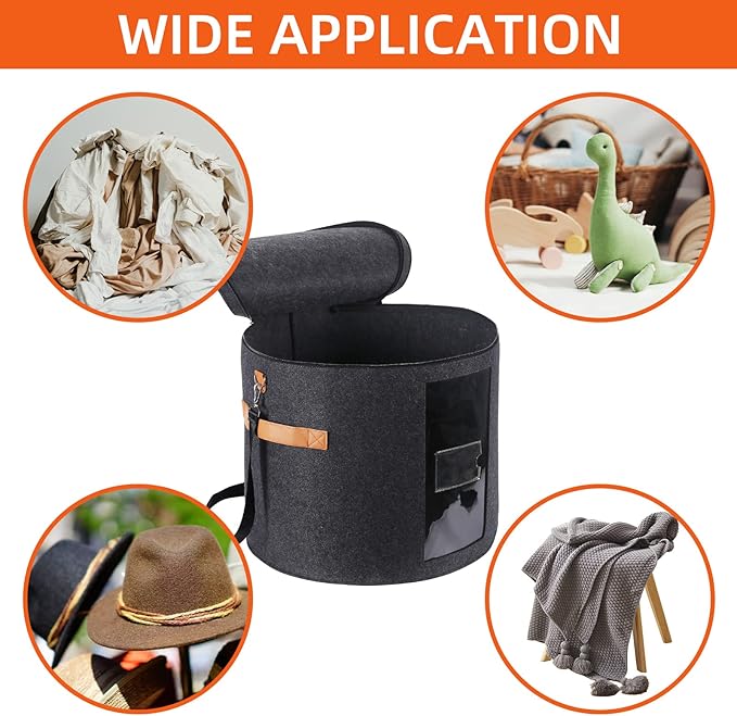 Large Hat Storage Box 19'' Hat Box for Large Hats, Hat Boxes for Women Storage Round Hat Boxes for Men Foldable Storage Box with Lid Felt Stuffed Animal Toy Storage Bin with Lid, Dark Gray
