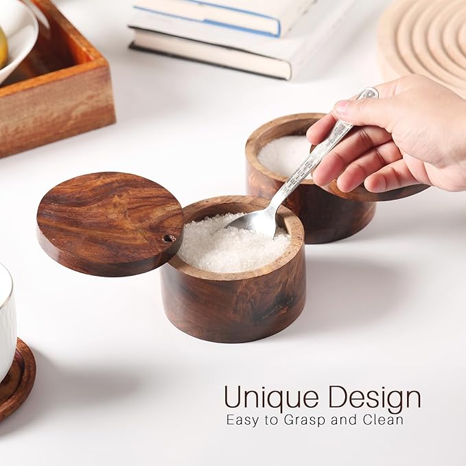 KH Acacia Wood Salt or Spice Box with Swivel Cover perfect for keeping table salt, Salt Cellers, gourmet salts, herbs or favorite seasonings, 3.5 (dia) x 2.5 Inch (height)