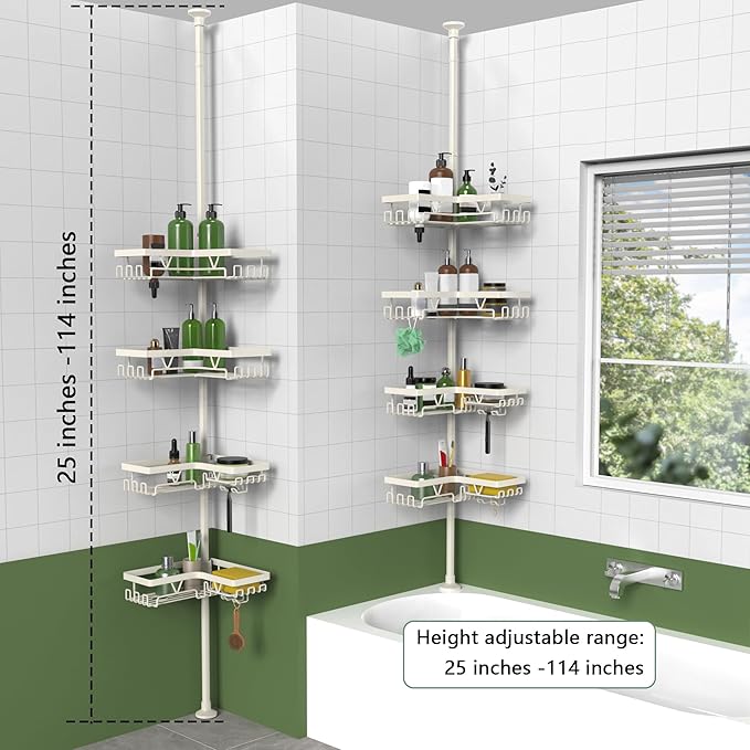 KEGII Shower Corner Caddy Tension Pole, Rustproof Corner Bathroom Organizer, No Drilling Bathtub Shelf for Inside Shower, Waterproof Bathroom Tub Organizer, Fits 25-114.2 Inch Height, Cream White