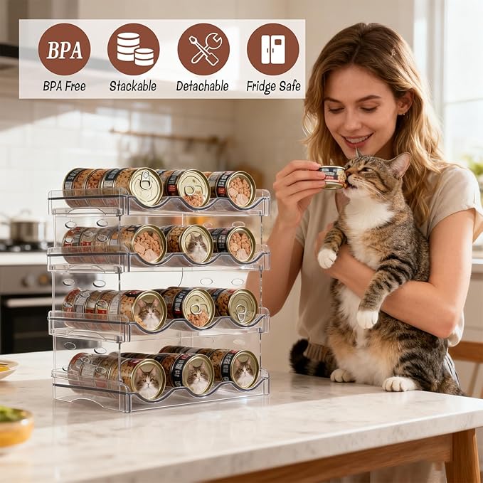 Cat Food Can Organizer, 4 Tier Can Organizer for Pantry, Transparent Acrylic Cat Food Storage Container Holds 72 (3.5oz) Cans, Can Rack Organizer for Countertop Kitchen Cabinet