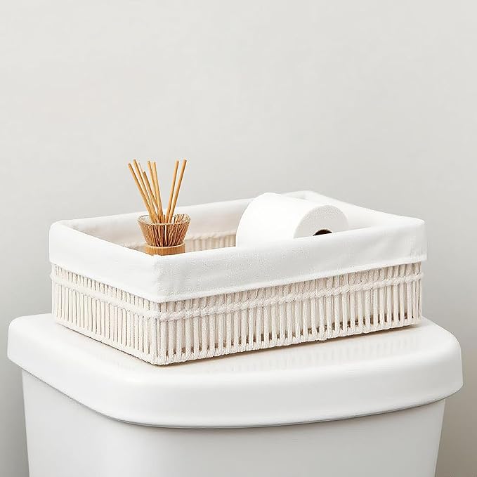 Cotton Rope Storage Baskets (Set of 3) - Hand Woven Organizing Basket with Removable Liner & Iron Frame, Decorative Shelf Storage for Closet & Bedroom (Off-white)