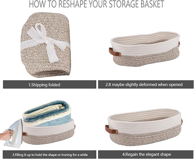 2 Pack Woven Storage Basket for Toilet Tank Top,Farmhouse Home Decor Organizing Basket for Bathroom,Table and Counter 13"x5.9"x4" Apricot Stitching White