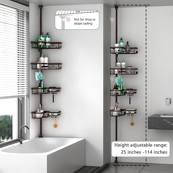DAOYA Corner Shower Caddy Tension Pole - Adjustable 4-Tier Shower Shelf Stainless Steel Corner Tension Rod Bathroom Organizer Shampoo Holder with Soap Holders & Hooks for Bath, Tub, Floor Space Saving