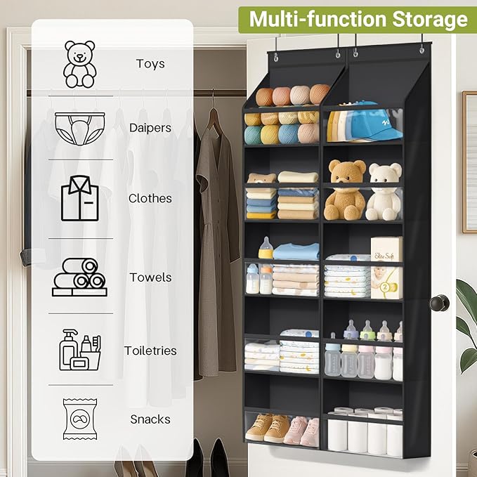 AOODA 2 Pack Over the Door Organizer, Large Capacity Closet Door Hanging Organizer, Clear Deep Pockets Baby Storage for Nursery, Bathroom, Bedroom, Pantry, Diapers (Black)