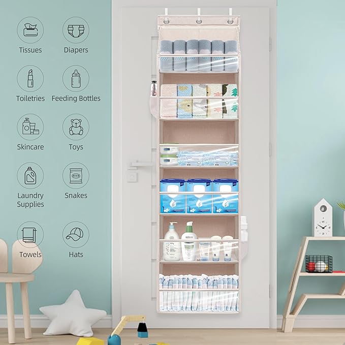 Over Door Organizer with 6 Extra Large Pockets and 12 Side Pockets, Large Capacity Hanging Storage Organizer with Clear Window for Shoes, Diapers, Beige, 6 Layers, 1-Pack