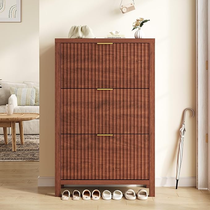 YOMILUVE Shoe Cabinet Storage for Entryway, Fluted Shoe Cabinet with 3 Flip Drawers, Hidden Shoe Rack Tall Freestanding Shoe Organizer with Legs for Hallway, Walnut