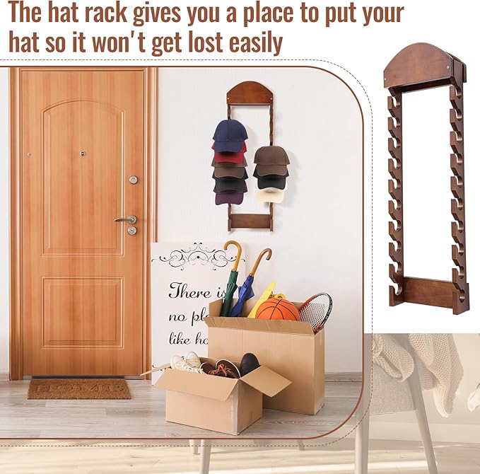 Wonderjune Wooden Hat Racks for Baseball Caps, Wall Mounted Baseball Cap Display Racks, Vertical Hat Storage Organizer, Double Row, 20 Slots for Door Bedroom Living Room Entryroom (12 Drilling Hole)