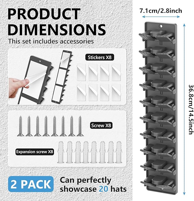 Hat Organizer for Baseball Caps with Built Spring Clips 2 Packs - Wall Mount Closet Hat Rack Holder, Storage for Wall Door/Closet Display Hat Racks Hanger (Strong Adhesive & Screws)