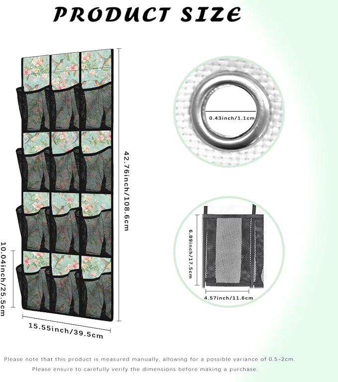 Hummingbird Flower Over the Door Shoe Organizer 12 Large Pockets Hanging Shoe Rack for Closet Foldable Shoe Storage Organizer Sock Organizer