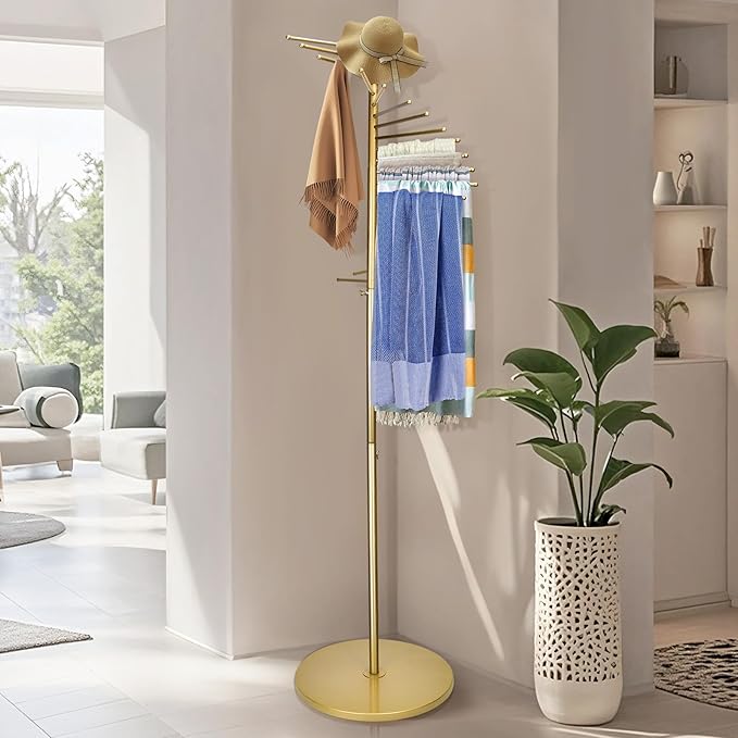 Metal Scarf Rack, Freestanding Spiral Scarf Holder Commercial Hijab Organizer Belt Pants Hanger 59‘’-67‘’ Height Adjustable with 22 Rods for Clothing Store Home, Space Saving Shelves (Color: Gold)