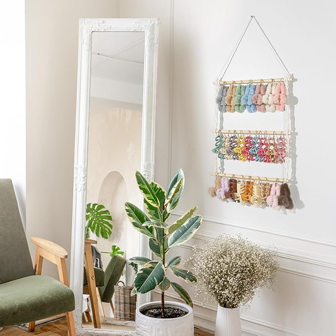 SNOWSTAR Macrame Hair Claw Clip Organizer with 30 Metal Rings,Hanging Hair Clip Holder and Storage for Women Girls,Claw Clips Hanger Home Decor for Wall,Door,Closet