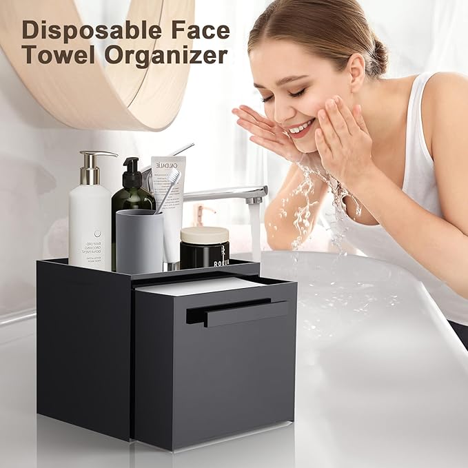 Disposable Face Towel Storage Box Compatible with Clean Skin Club Clean Towel XL Acrylic Cosmetic Organizer Container Box Facial Towels Holder with Drawer Wall-Mounted (Glossy Black)