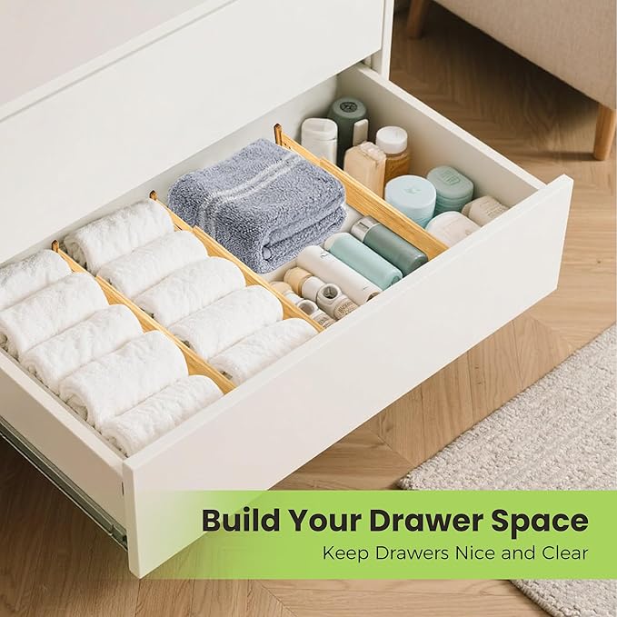 Fyvva Drawer Divider, Adjustable Bamboo Kitchen Drawer Organizer, Spring Loaded Drawer Organizer, Dresser Separators for Kitchen, Bathroom, Clothes, Office Desk Storage (Natural, 8 Pack Large)