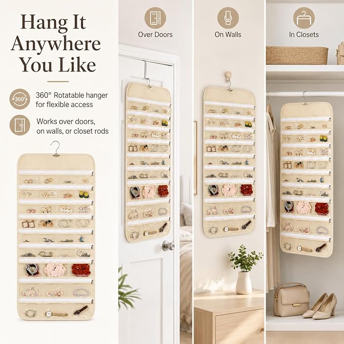 Cabilock 66 Pockets Hanging Jewelry Organizer, Double Sided Zippered Earring Holder with Clear Pockets, Space Saving Necklace Bracelet Ring Storage Bag for Closet, Door, Wall and Travel, Beige 1pcs