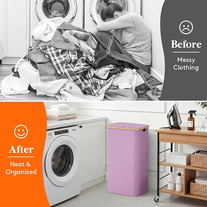 Lifewit 100L Laundry Basket with Lid, Clothes Hampers for Laundry with Bamboo Handles and 1 Removable Bag, Large Foldable Laundry Hamper for Bedroom, Bathroom, Dorm, Laundry Room, Purple
