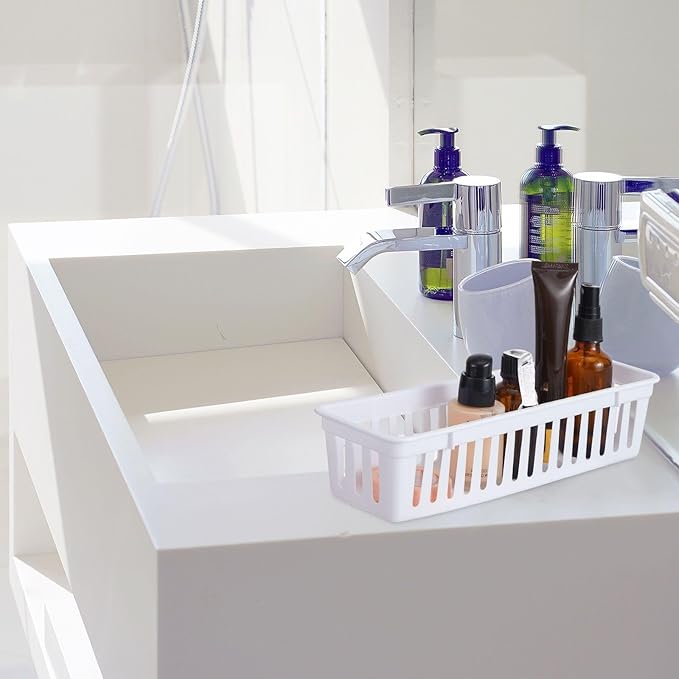 Domensi 24 Pack Slim Plastic Storage Baskets Tray for Organizing 10.25x3.25x2.5 Inch Small Narrow Storage Bins Stackable Drawer Pencil Trays Holder for Desk Garage Cabinet Container (White)