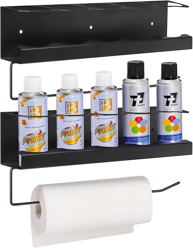 Cedilis 2 Pack Aerosol Spray Can Holder Rack with Paper Towel Holder, Wall Mounted Steel Spray Bottle Organizer, Black Spray Paint Can Holder for Garage and Workspace, Mounting Accessories Included