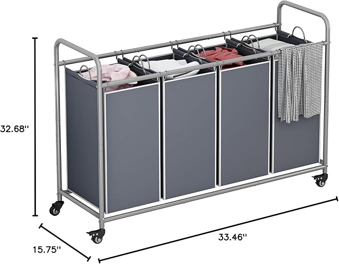 Laundry Basket, 4-Bag Laundry Hamper, Grey Laundry Sorter with Heavy Duty Lockable Rolling Wheels, Laundry Room Organization with Removable Bags Basket Separator for Dirty Clothes Storage