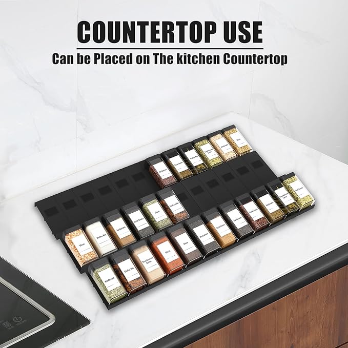 Famhap Spice Drawer Organizer 24 Pcs with 24 Plastic Spice Jars and Labels,Interlocking Expandable Seasoning Rack Tray Insert for Kitchen Drawers, Spice Rack Drawer