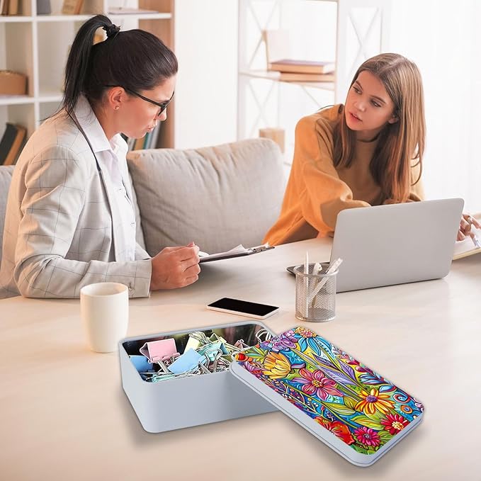 Metal Tin Box Sturdy Metal Storage Box with Lid, Large Container Holder for TCG Cards,Car Keys,Cookies,Tin Containers for Gift,5.0x3.7x1.6 Inch,Exquisite Pattern Design(Colorful Flowers)
