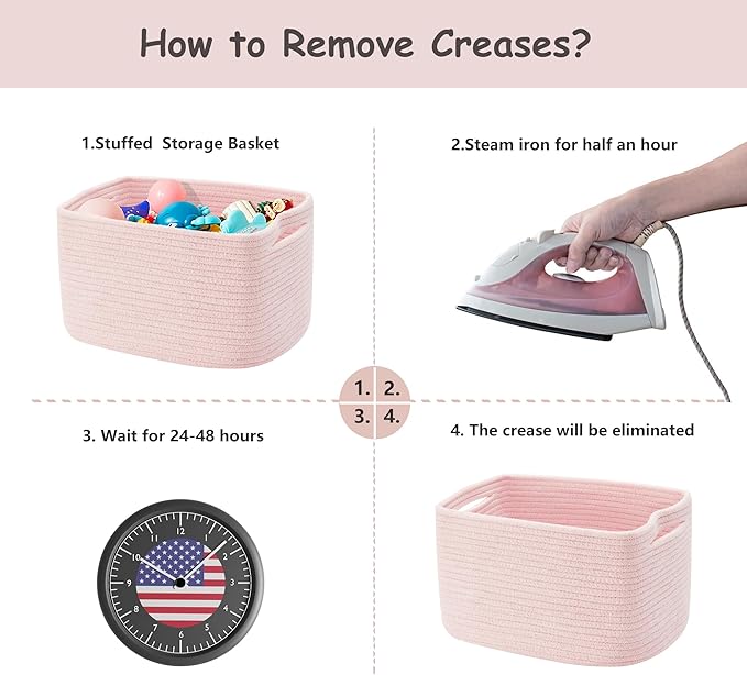 Set of 4 Pink Rope Basket for Shelves Woven Rectangle Storage Basket Bins for Nursery Toy Storage for Baby Girl